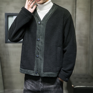 风羊羔毛摇粒绒麂皮绒拼接落肩道袍领开衫外套男 M701/P130图片