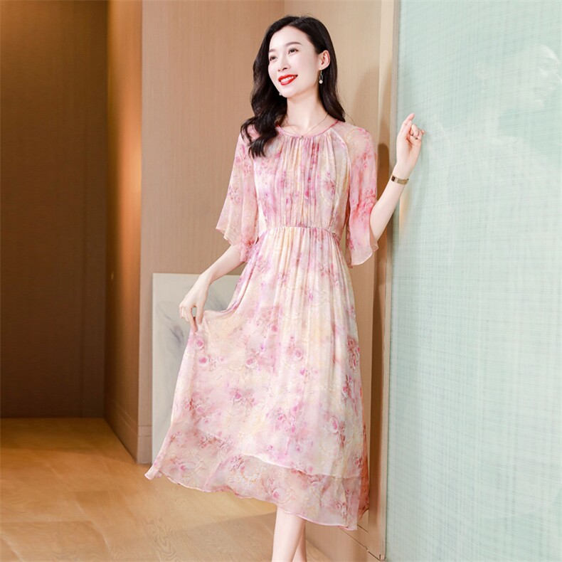真丝连衣裙2025夏季新款大码女装衣服桑蚕丝高端精致气质碎花裙子，女装连衣裙，阿舍尔精品