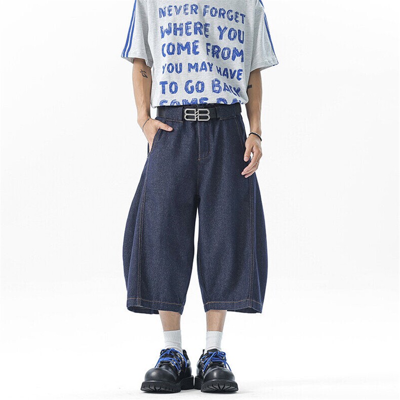 美式高街牛仔短裤男夏季潮廊形水洗宽松弯刀直筒七分裤YD702-P65，男装牛仔裤，星座509