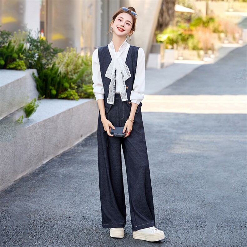 休闲牛仔时尚套装女2025春新款超火韩系穿搭洋气马甲阔腿裤三件套,女装套装/套裙,伊仟回