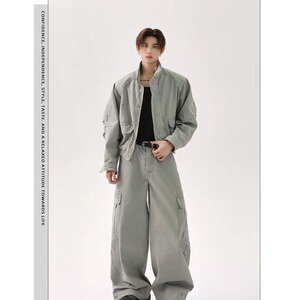 立领工装牛仔外套男春秋高级感宽松百搭休闲飞行员夹克HH48 P100图片