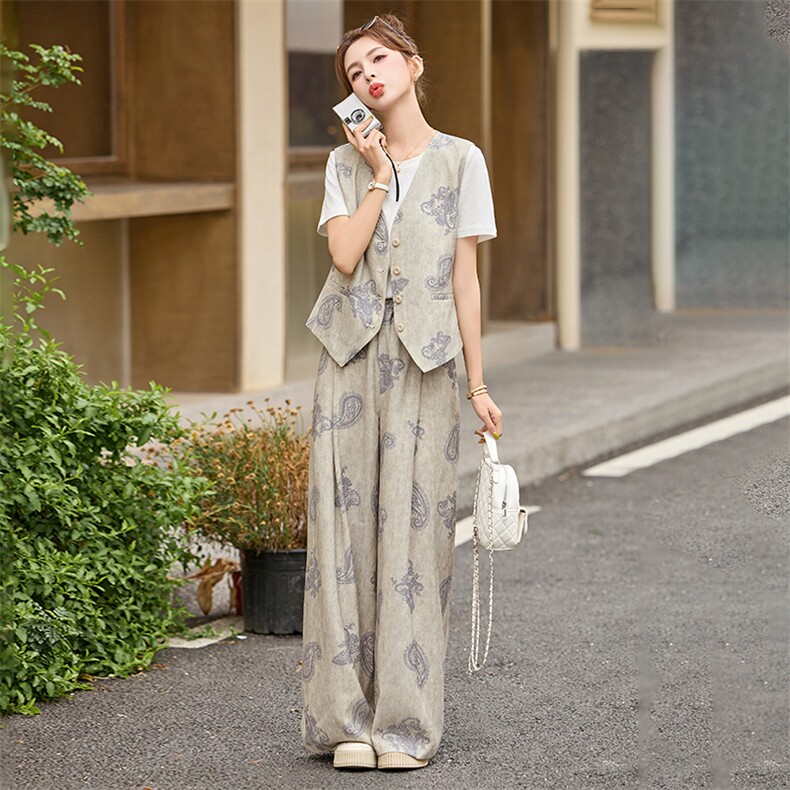 时尚印花马甲阔腿裤套装女2025夏季新款气质休闲短袖阔腿裤三件套,女装套装/套裙,依如秀(原杭风阁)