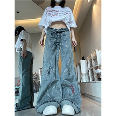 重工vibe设计感美式复古高街直筒宽松微喇牛仔裤女春秋潮牌裤子男，男装牛仔裤，星座813-2