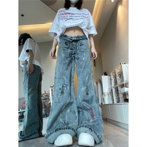 重工vibe设计感美式复古高街直筒宽松微喇牛仔裤女春秋潮牌裤子男图片