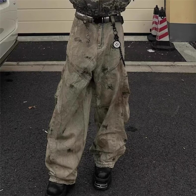 美式复古废土风设计感拼接弯刀牛仔裤男潮牌阔腿长裤CK580-P62，男装牛仔裤，星座1001-1