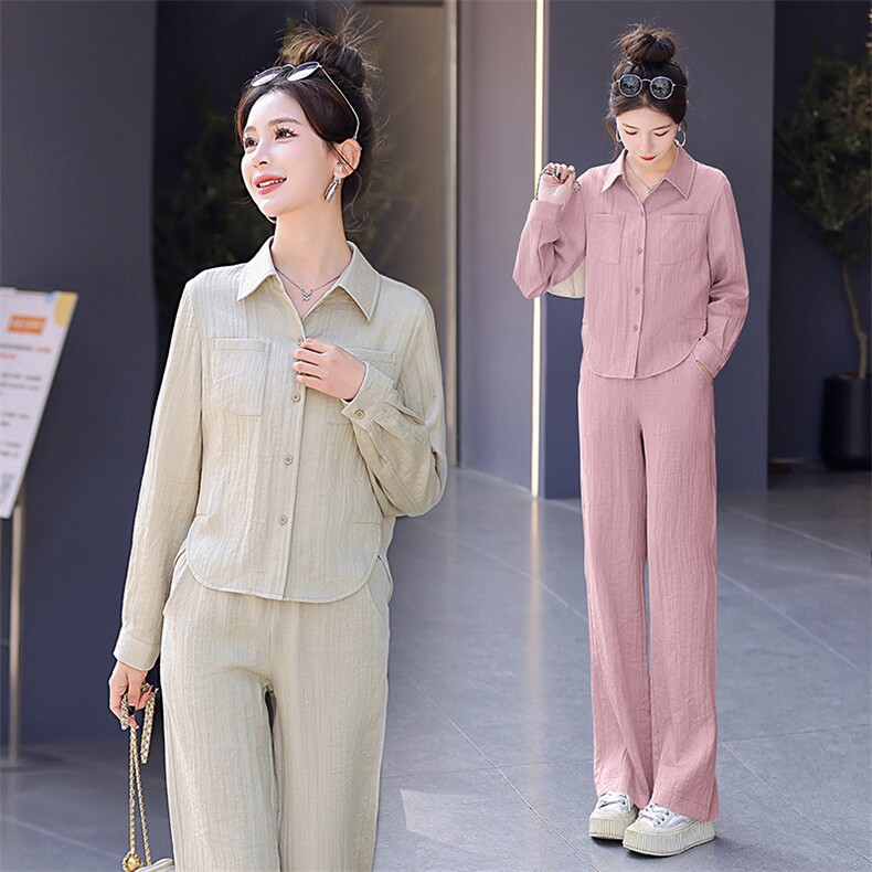衬衫领休闲气质两件套2024春装新款时尚一整套减龄高级感棉麻套装，女装套装/套裙，梦依杭