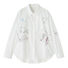 白色印花衬衫女春季新款休闲宽松基础款上衣百搭轻薄纯棉外套，女装衬衫，梦懿尔