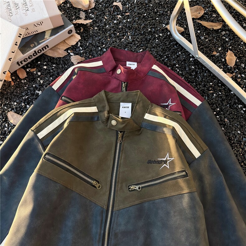 美式复古高级感机车服秋季拼接设计感痞帅PU皮衣夹克外套图片
