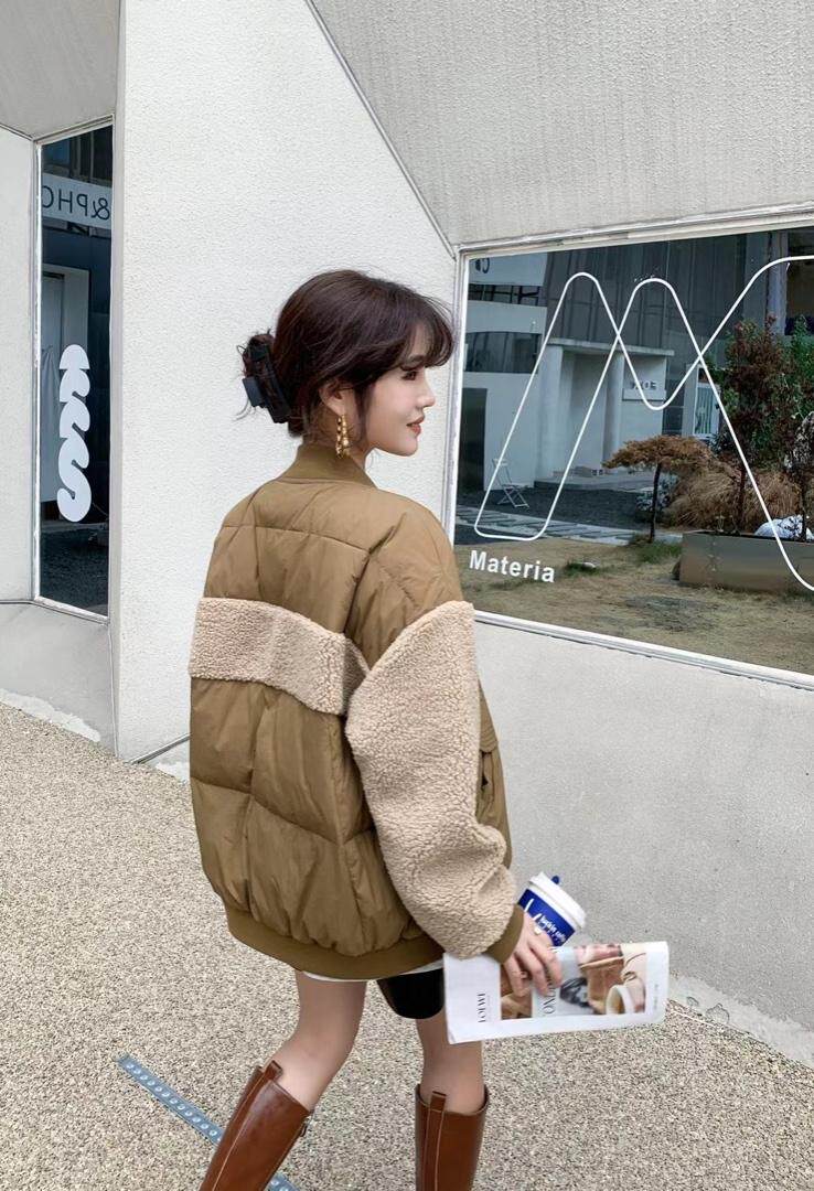 现货羊羔毛拼接羽绒服，女装羽绒服，爱美欧
