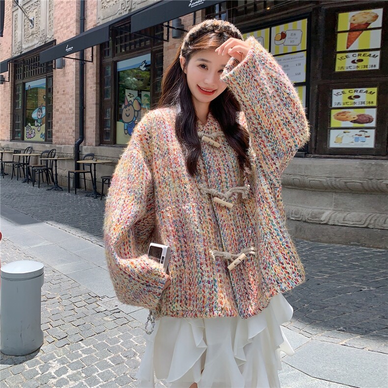 彩色编织小香风外套女秋季宽松好看羊毛法式设计感短款小众上衣,女装短外套,浙宝208