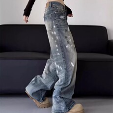 美式复古cleanfit泼墨牛仔裤男女潮宽松直筒阔腿欧美休闲拖地裤子，女装休闲裤，星座218-8