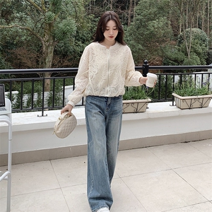 现货米杏色超好看时尚防晒蕾丝女2025早春新款韩版小个子别致上衣图片