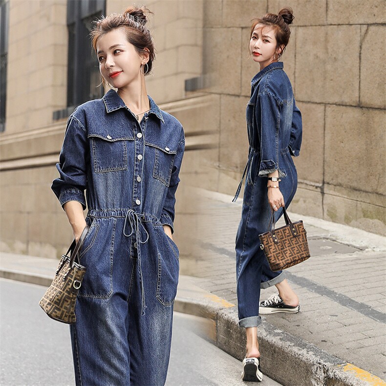 2021春秋季新款时尚收腰抽绳显瘦翻领牛仔连体裤，女装连体裤，钱塘布衣