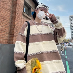 秋冬新款设计感圆领套头条纹毛衣男针织衫宽松线衣外套 M728-P42图片