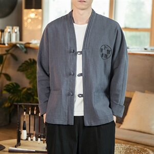 2021春秋季风亚麻夹克男复古刺绣盘扣外套QT6005-J图片
