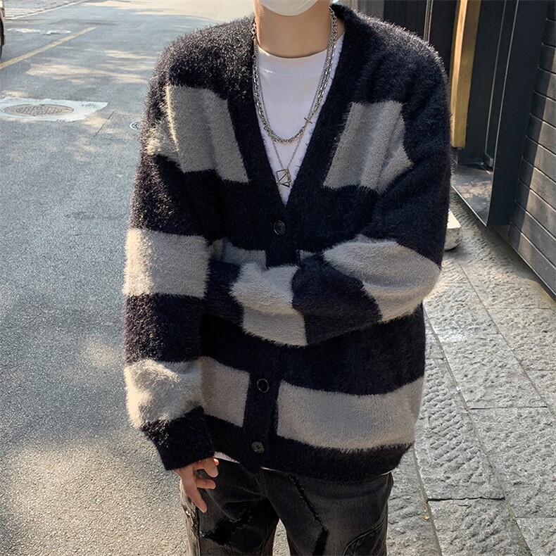 条纹毛衣日系慵懒复古男士针织衫秋冬季新款外套高级感线衣服,男装针织衫/毛衣,星座716-2