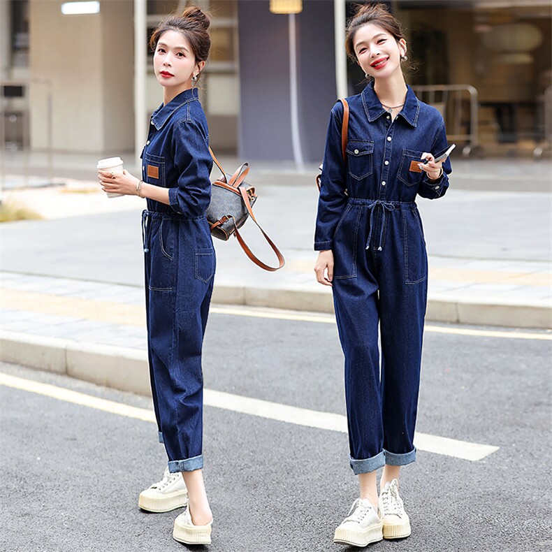 工装牛仔连体裤女2024年春秋季新款小个子时尚高腰显瘦连衣裤，女装连体裤，E百度