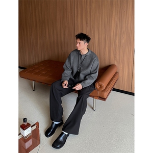 重磅秋冬北极绒亨利领毛衣开衫美式复古休闲慵懒风纯色翻领针织衫图片