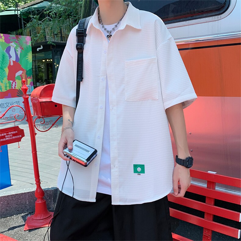 夏季贴标华夫格短袖衬衫男潮牌白色衬衣A355P40,男装T恤,电商A309