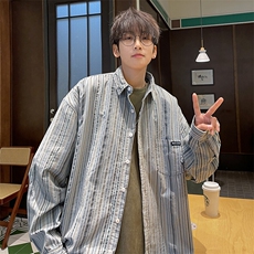 美式复古条纹衬衫外套男宽松长袖衬衣XZ225-3-CS04-P55控78，男装衬衫，星座225-3