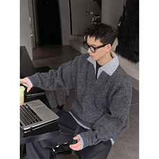 重磅北极绒假两件衬衫领毛衣美式高街复古休闲慵懒纯色翻领针织衫，男装针织衫/毛衣，电商A486