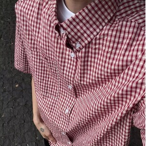 百搭夏季新款美式潮牌高级感小众格子短袖衬衫男女潮复古翻领衬衣图片