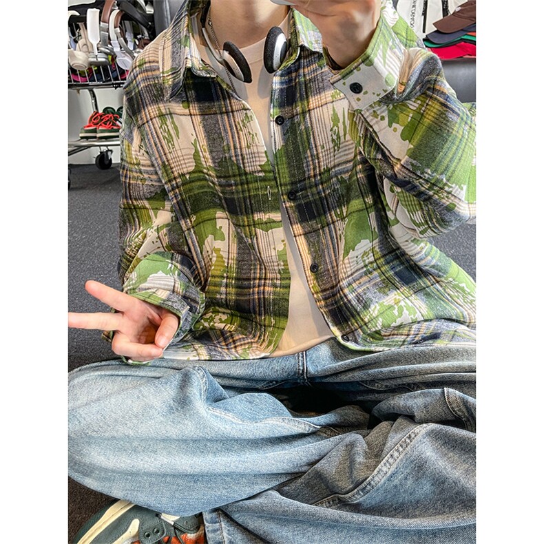 美式扎染条纹格子衬衫男女复古长袖衬衫上衣外套C2239-特价P28,男装衬衫,电商A007
