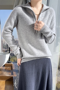 秋冬半开领拉链100%纯羊毛衫女高领加厚长袖针织毛衣宽松羊绒打底图片
