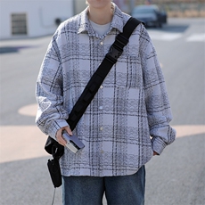 春季新款百搭宽松休闲衣小香风翻领格子衬衫外套男W8090-P65，男装衬衫，星座512-4