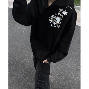 花卉刺绣连帽卫衣男秋冬加绒潮牌宽松情侣款外套 W77225图片