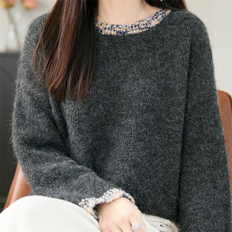 秋冬圆领加厚精纺羊毛衫女拼色提花针织毛衣宽松慵懒风羊绒打底衫,针织衫/毛衣,唐诺