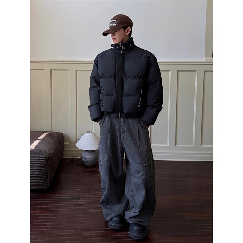 美式cleanfit羽绒棉服男款秋冬立领设计感绑带加厚外套面包服夹克,男装棉衣,电商A102B