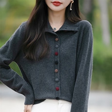 秋冬新款高领彩扣100羊毛针织开衫外套女宽松加厚毛衣外搭上衣，女装针织衫/毛衣，佳绒包芯纱店