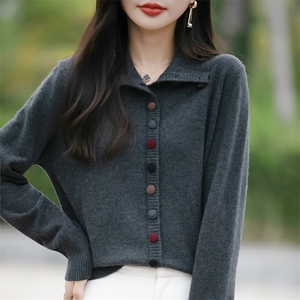 秋冬新款高领彩扣100羊毛针织开衫外套女宽松加厚毛衣外搭上衣图片