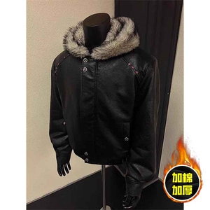 现货冬季美式潮牌痞帅PU皮机车服棉衣毛毛绒狼王座山雕皮棉服