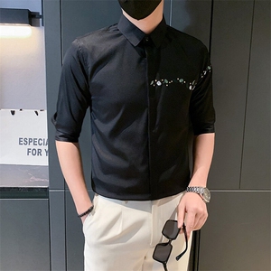 B216  6505 P50 2025夏装新款潮男刺绣中袖衬衫 社会小伙风 潮图片