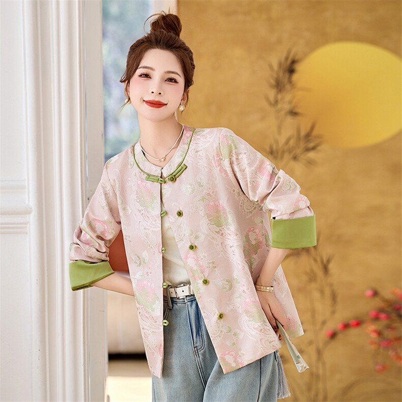 2025新款春装缎面宽松复古百搭通勤花色圆领短外套,女装短外套,然然