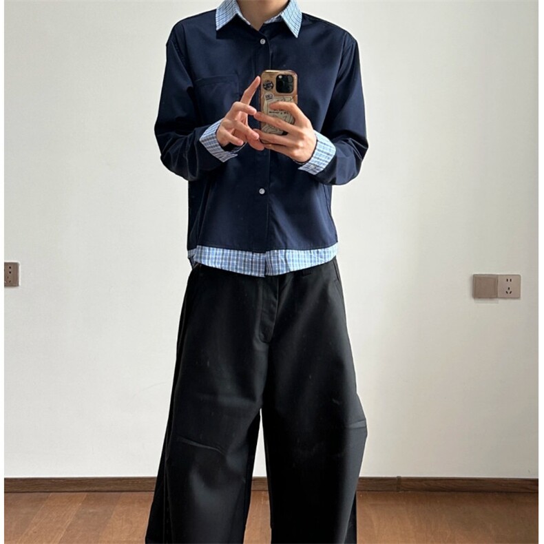 藏青色美式假两件拼接格纹长袖衬衫男款高级感miu系衬衣上衣外套，男装衬衫，星座601-1