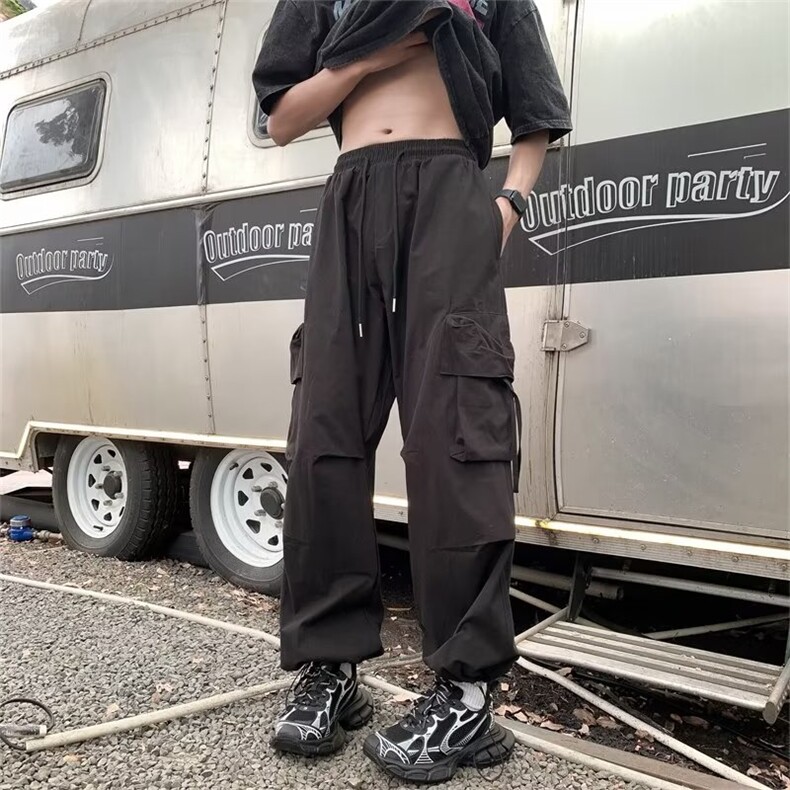 美式复古直筒伞兵工装裤潮牌男女秋季新款宽松蓝色阔腿裤灯笼裤,男装休闲裤,星座716-3