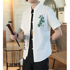 新中式夏季棉麻短袖衬衫立领短袖衬衫风纯色唐装C142P33，男装衬衫，电商A056