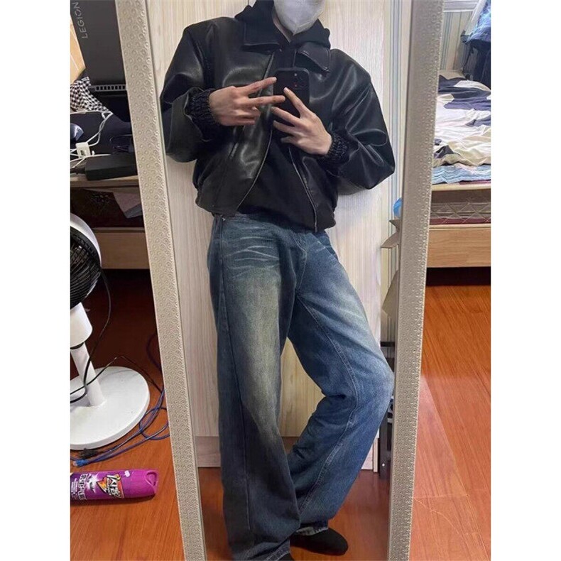 美式复古垫肩短款外套男潮牌飞行员痞帅高级感机车服翻领休闲夹克,男装夹克,星座506A