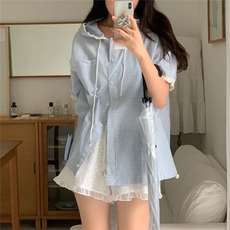 韩ins日系文艺复古格子连帽花边短袖衬衫女夏宽松显瘦上衣图片