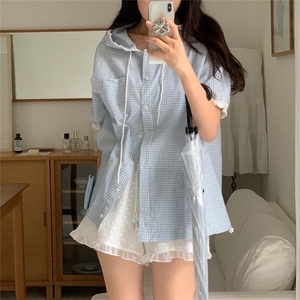 韩ins日系文艺复古格子连帽花边短袖衬衫女夏宽松显瘦上衣图片