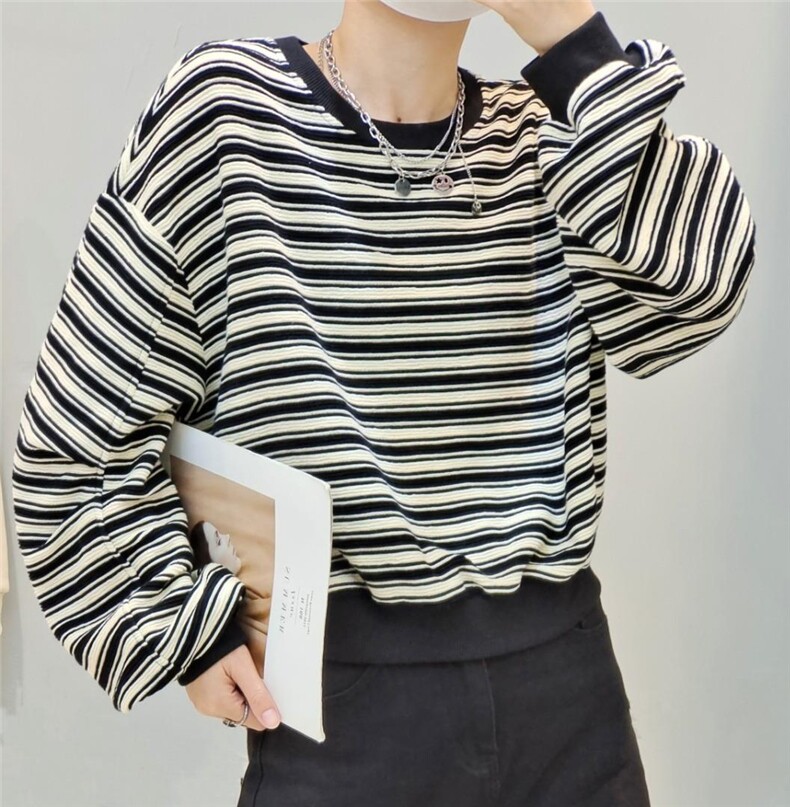 【现货】韩版通勤风休闲针织条纹卫衣，女装卫衣/绒衫，那简