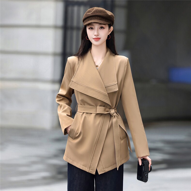 高端时尚女2026秋新款气质宽松显瘦韩版大翻领风衣外套送腰带,女装风衣,火爆靓佳人