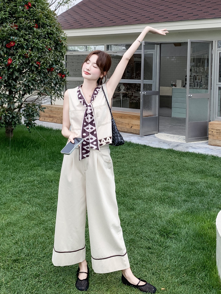 2026年夏季新款老钱风重工刺绣无袖马甲阔腿裤套装女休闲裤两件套,女装套装/套裙,霓裳依族