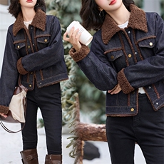 时尚拼接翻领加绒牛仔外套女2024年冬季新款ins潮高级感百搭棉衣，女装牛仔外套，潮流依族