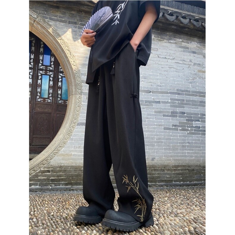 新中式风竹子刺绣潮牌冰丝裤子男直筒休闲西装长裤夏XH201图片