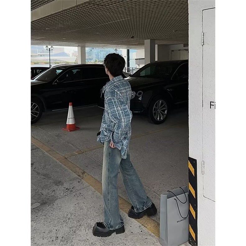 cuibuju小众做旧撞色格子慵懒风长袖衬衫街头时髦百搭衬衣男,男装衬衫,星座506A