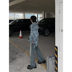 cuibuju小众做旧撞色格子慵懒风长袖衬衫街头时髦百搭衬衣男，男装衬衫，星座506A